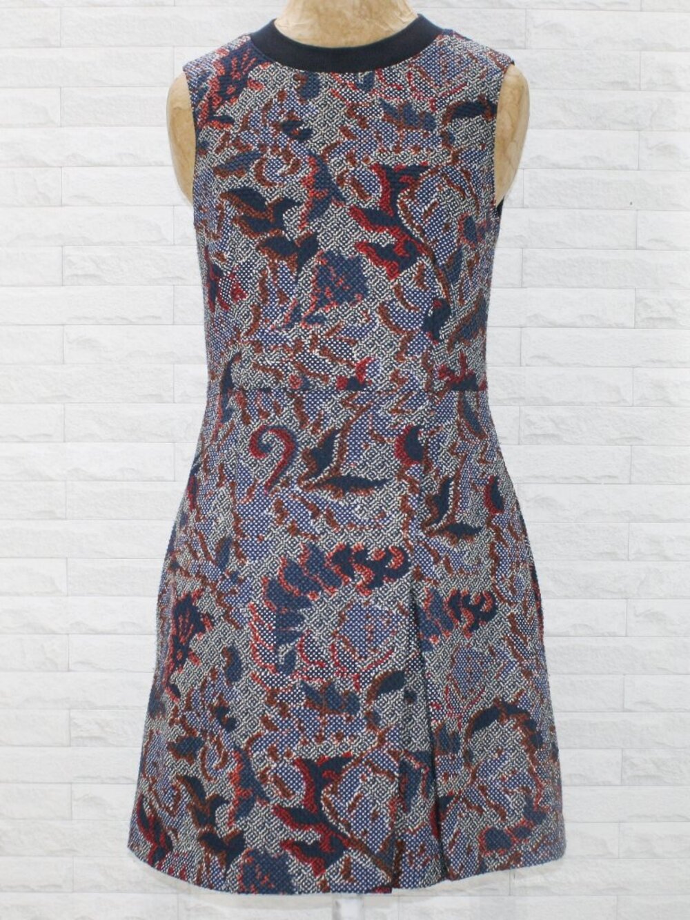 TORY BURCH DAHLIA Dress Sleeveless Brocade Pixelated Print Navy Blue Red 8